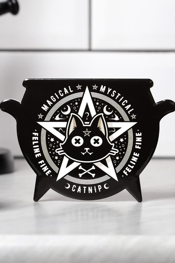 gothic black cat cauldron shaped drink coaster