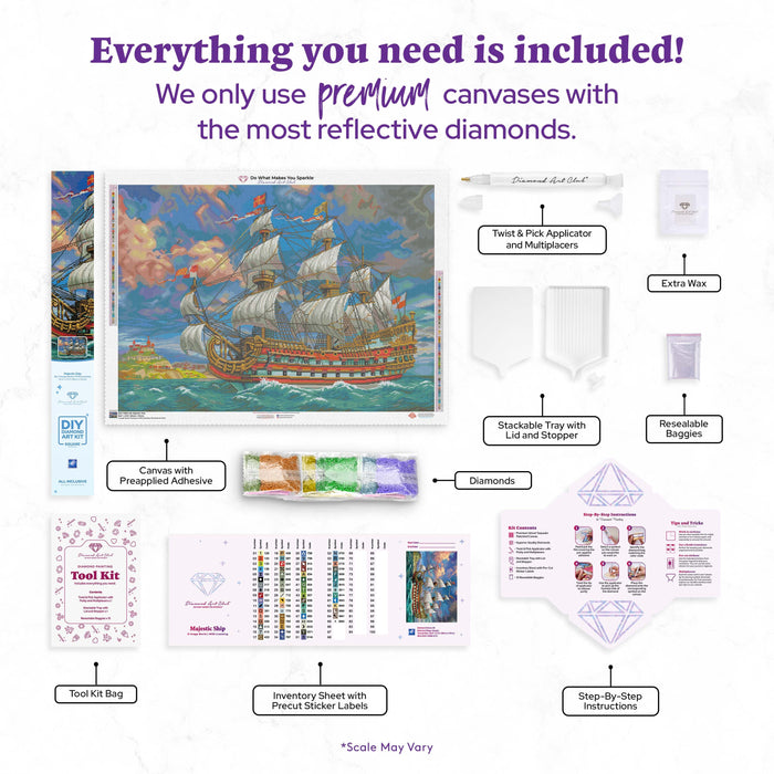 Diamond Painting Majestic Ship 38.6" x 27.6″ (98cm x 70cm) / Square with 65 Colors including 4 ABs / 107,473
