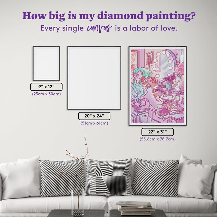 Diamond Painting Makeup Routine 22" x 31" (55.6cm x 78.7cm) / Round With 49 Colors Including 1 Iridescent Diamond and 4 Fairy Dust Diamonds / 57,772