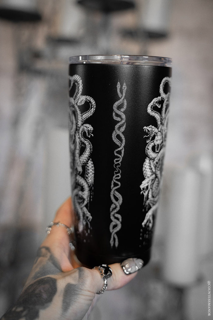 tattoo snake medusa travel mug