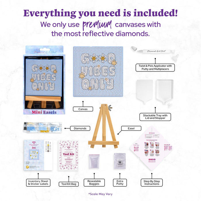 Diamond Painting Mini Easels - Good Vibes Only 3.9" x 3.9" (10cm x 10cm) / Round with 4 Colors including 2 ABs and 1 Fairy Dust Diamond / 1,219