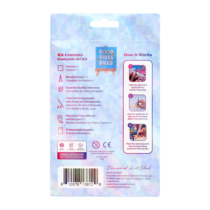 Diamond Painting Mini Easels - Good Vibes Only 3.9" x 3.9" (10cm x 10cm) / Round with 4 Colors including 2 ABs and 1 Fairy Dust Diamond / 1,219