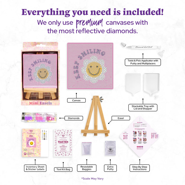 Diamond Painting Mini Easels - Keep Smiling 3.9" x 3.9" (10cm x 10cm) / Round with 5 Colors including 1 AB and 2 Fairy Dust Diamonds / 1,213