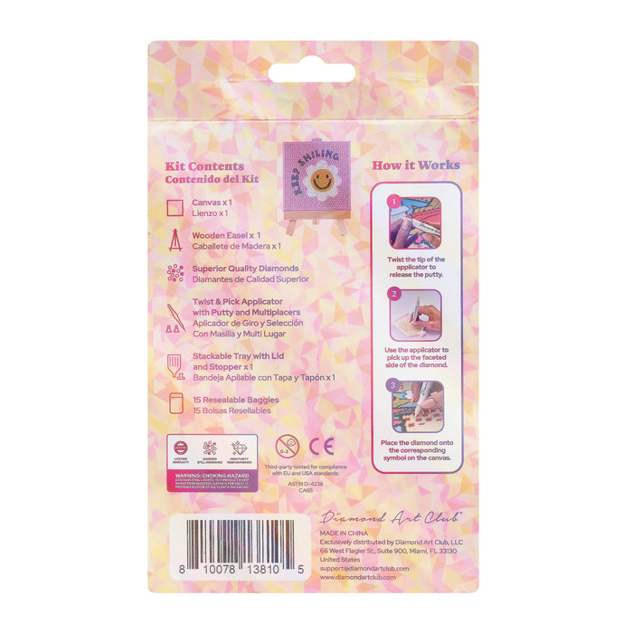 Diamond Painting Mini Easels - Keep Smiling 3.9" x 3.9" (10cm x 10cm) / Round with 5 Colors including 1 AB and 2 Fairy Dust Diamonds / 1,213