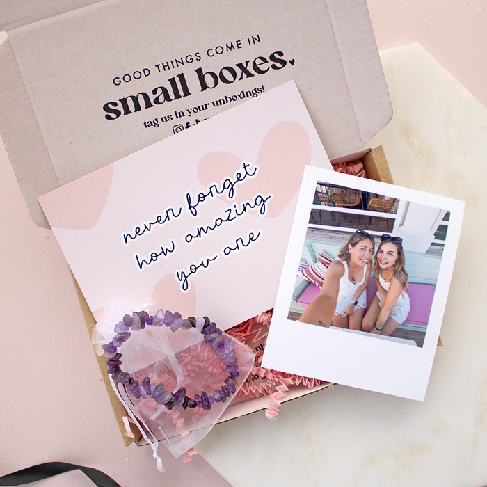 Mini Personalised Polaroid and Crystal Bracelet |Ready to Go Letterbox TreatBox