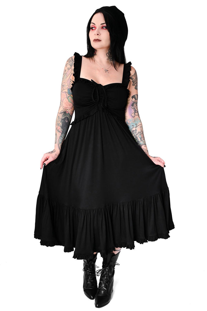 ruffle shoulder straps midi length gothic dress
