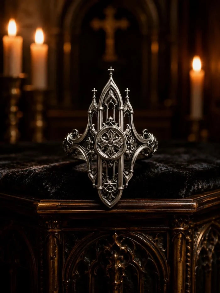 Gothic 925 sterling silver mirrored cathedral spire ring — symmetrical lancet arch silhouette front view