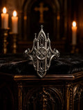 Gothic 925 sterling silver mirrored cathedral spire ring — symmetrical lancet arch silhouette front view