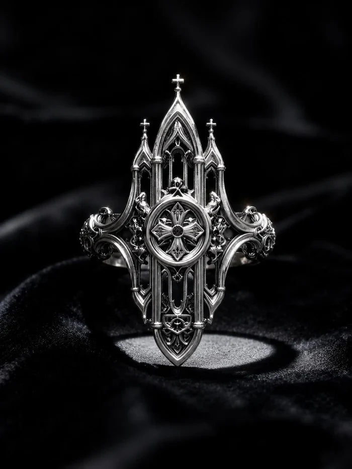 Gothic mirrored spire ring close-up — chiaroscuro hand-oxidized finish, Salisbury Cathedral inspired design