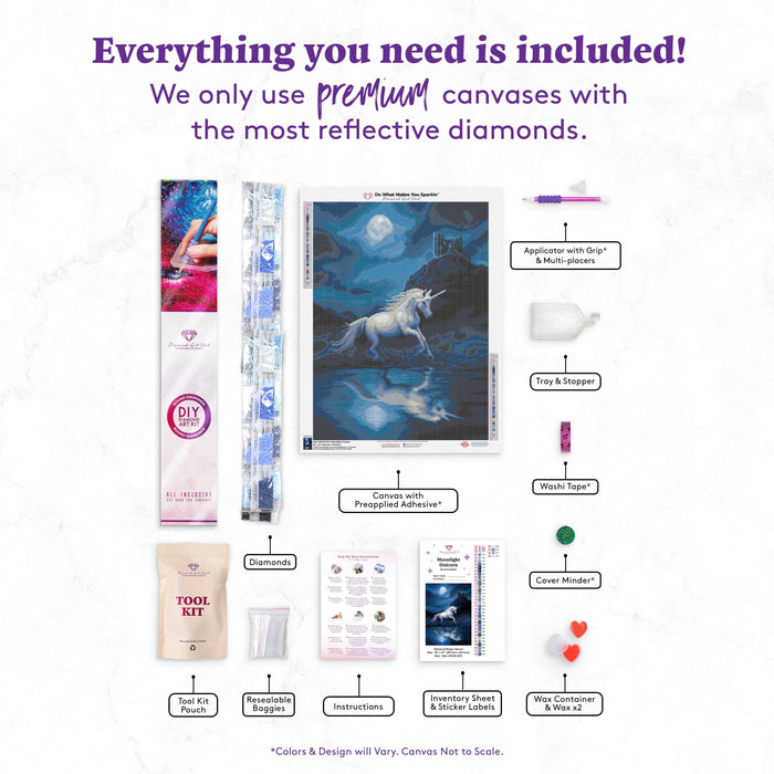 Diamond Painting Moonlight Unicorn 20" x 27" (50.7cm x 69cm) / Round with 36 Colors Including 2 ABs and 3 Fairy Dust Diamonds / 44,526