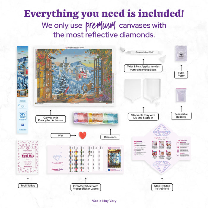 Diamond Painting Mountain Castle 38.6" x 27.6″ (98cm x 70cm) / Square with 56 Colors including 2 ABs / 107,476