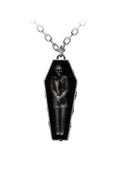 Coffin-shaped pendant with a vampire inside on a white background