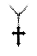 Black cross pendant on a chain against a white background