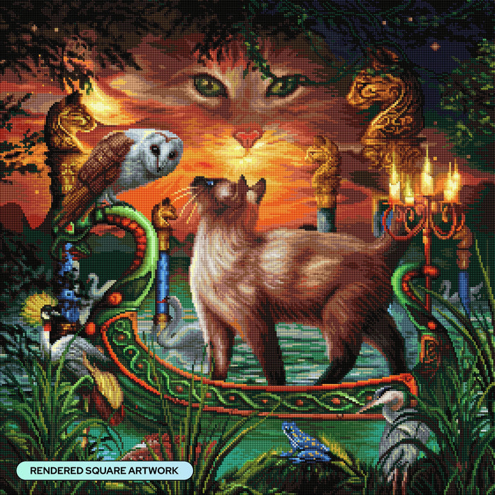Diamond Painting Owl & Pussy Cat 27.6" x 27.6" (69.9cm x 69.9cm) / Square with 71 Colors including 2 ABs and 3 Fairy Dust Diamonds / 78,961