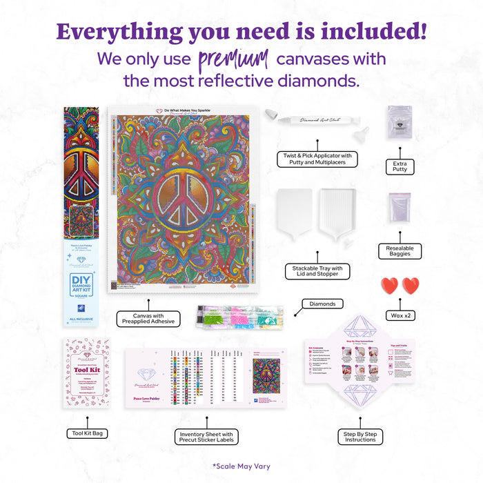 Diamond Painting Peace Love Paisley 22" x 28″ (56cm x 71cm) / Square with 48 Colors including 3 ABs / 62,603