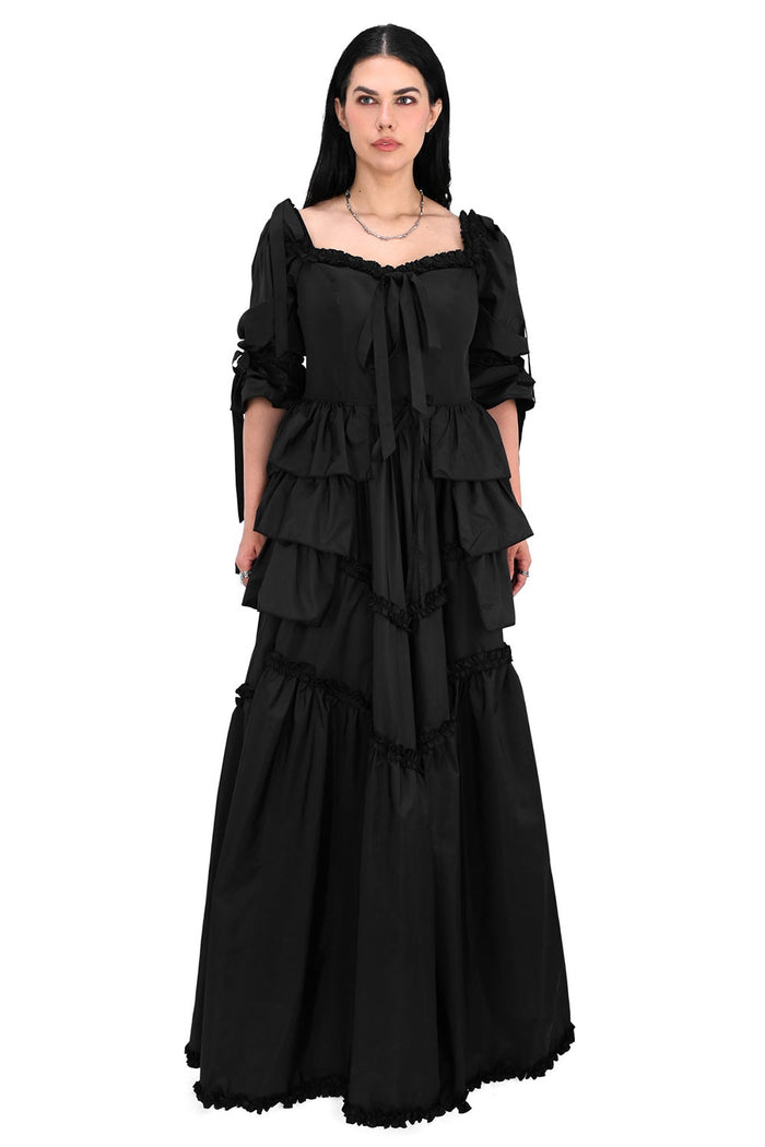 womens black layered long romantic goth gown with bustle