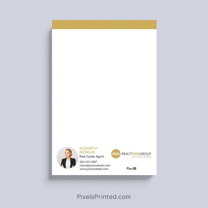 Personalized Realty ONE Group realtor notepad with headshot and contact information