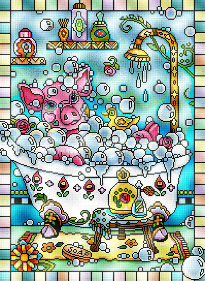 Diamond Painting Piggy In A Tub 22" x 30″ (56cm x 76cm) / Round with 49 Colors including 2 ABs / 54,128