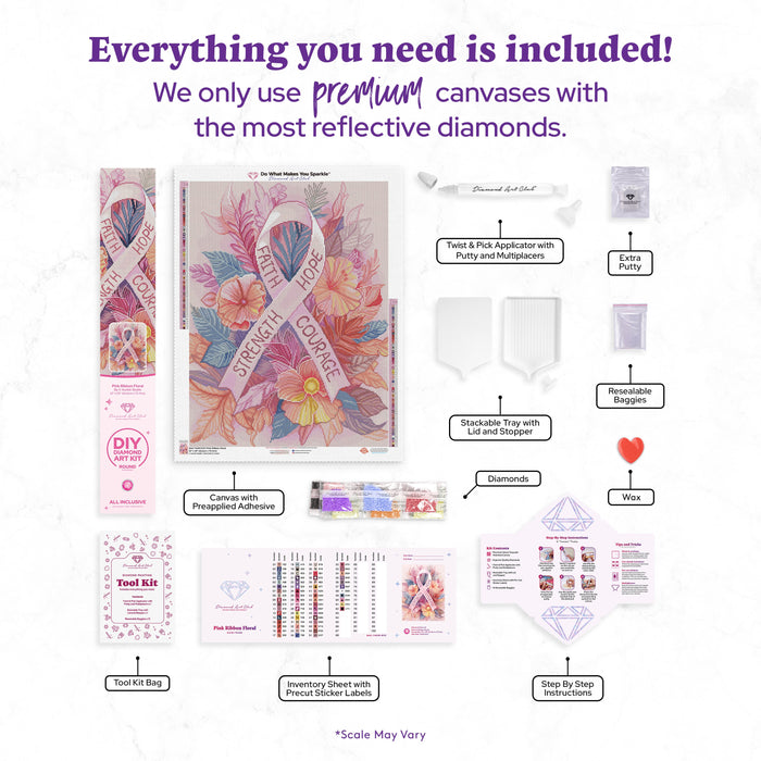 Diamond Painting Pink Ribbon Floral 22" x 29" (55.6cm x 73.7cm) / Round with 62 Colors including 1 Iridescent Diamond and 3 Fairy Dust Diamonds / 54,136