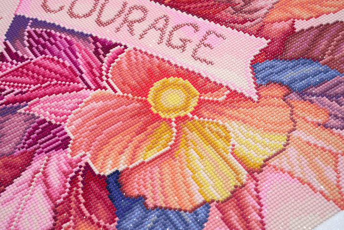 Diamond Painting Pink Ribbon Floral 22" x 29" (55.6cm x 73.7cm) / Round with 62 Colors including 1 Iridescent Diamond and 3 Fairy Dust Diamonds / 54,136