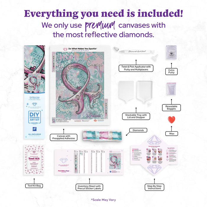 Diamond Painting Pink Ribbon Hope 13" x 18" (32.8cm x 45.6cm) / Square with 19 Colors including 2 ABs and 1 Fairy Dust Diamonds / 24,156
