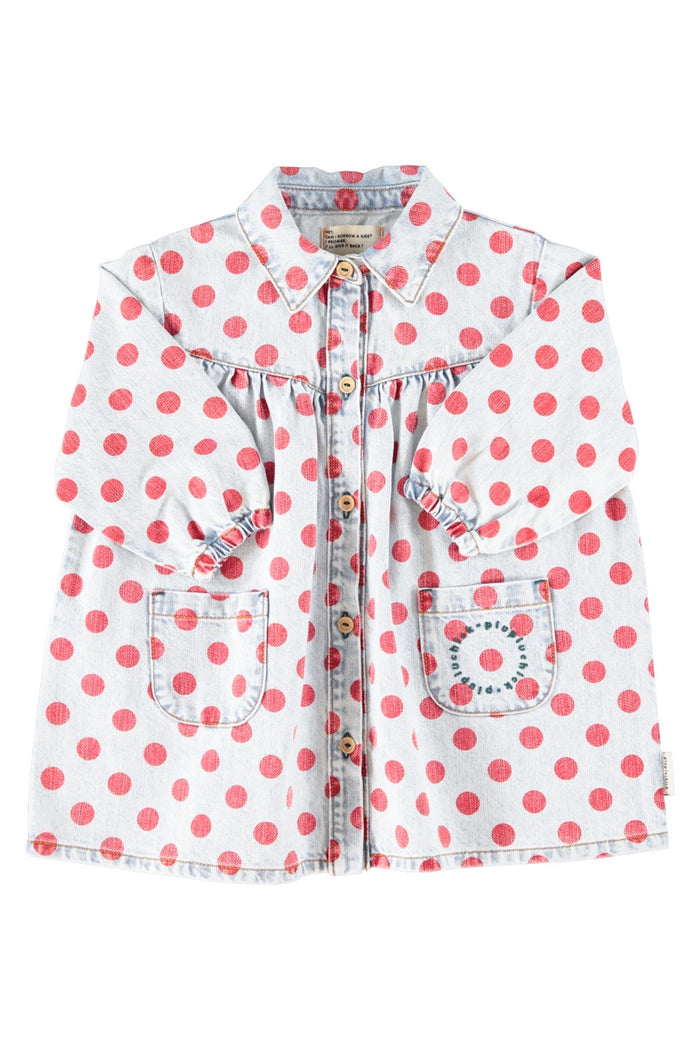 Piupiuchick | Short dress light blue denim w/ red dots