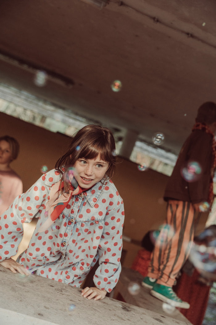 Piupiuchick | Short dress light blue denim w/ red dots