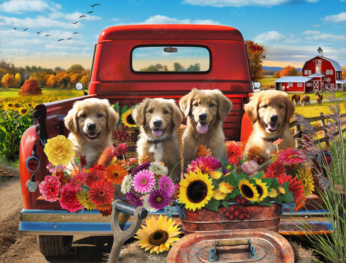 Diamond Painting Puppies & Flowers 36.2" x 27.6" (91.8cm x 69.9cm) / Square with 62 Colors including 3 ABs and 3 Fairy Dust Diamonds / 103,689