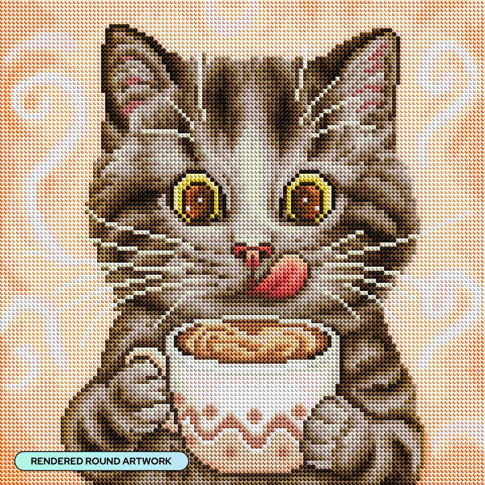 Diamond Painting Purrfect Latte 13" x 13" (33cm x 33cm) / Round With 29 Colors Including 1 AB and 1 Iridescent Diamond and 2 Fairy Dust Diamonds / 14,400