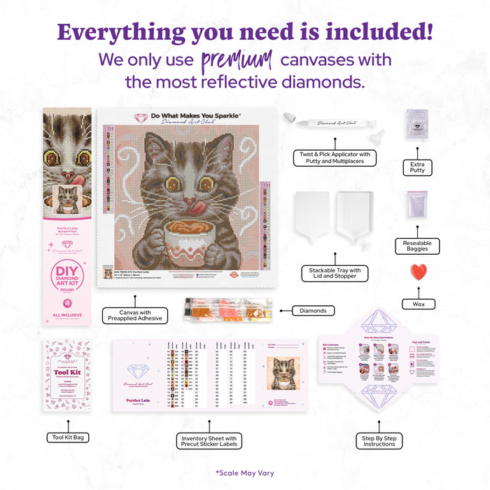 Diamond Painting Purrfect Latte 13" x 13" (33cm x 33cm) / Round With 29 Colors Including 1 AB and 1 Iridescent Diamond and 2 Fairy Dust Diamonds / 14,400