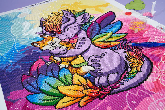 Diamond Painting Rainbow Dragon Hugging Cat 22" x 33" (55.8cm x 83.8cm) / Round with 47 Colors including 4 ABs and 2 Fairy Dust Diamonds / 59,501