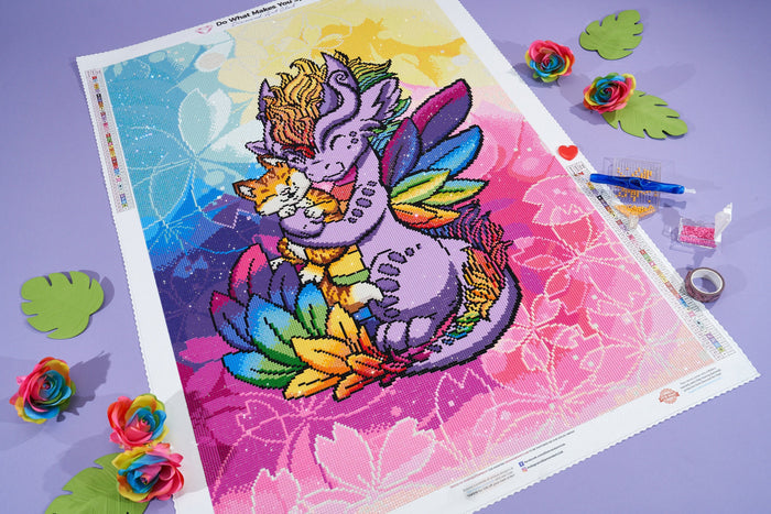 Diamond Painting Rainbow Dragon Hugging Cat 22" x 33" (55.8cm x 83.8cm) / Round with 47 Colors including 4 ABs and 2 Fairy Dust Diamonds / 59,501