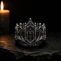 Rampart Crown Ring, pierced oxidized sterling silver Gothic crown, front view by candlelight