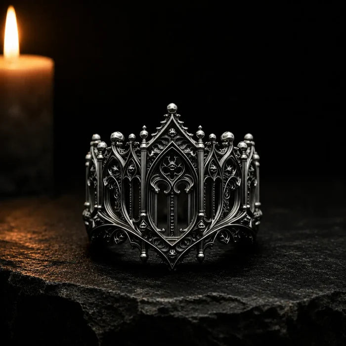 Rampart Crown Ring, pierced oxidized sterling silver Gothic crown, front view by candlelight