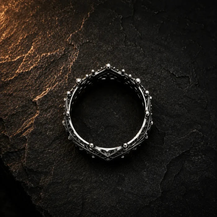 Rampart Crown Ring viewed from above, showing 360-degree pierced lattice band