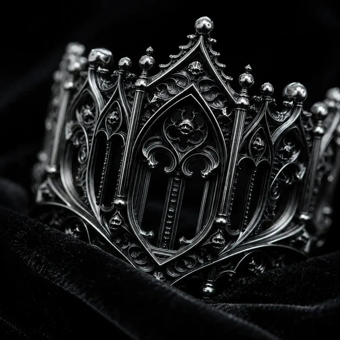 Rampart Crown Ring close-up on black velvet, Gothic rampart pinnacles and open tracery
