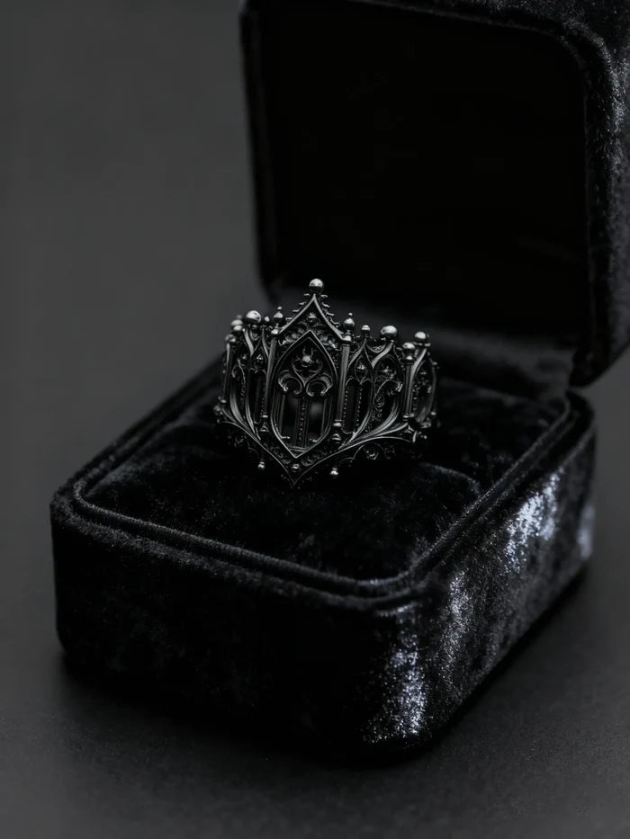 Rampart Crown Ring displayed in a black velvet ring box