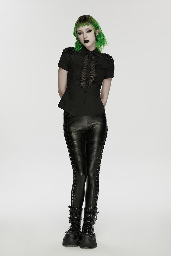 womens black goth studded fishnet short sleeve shirt