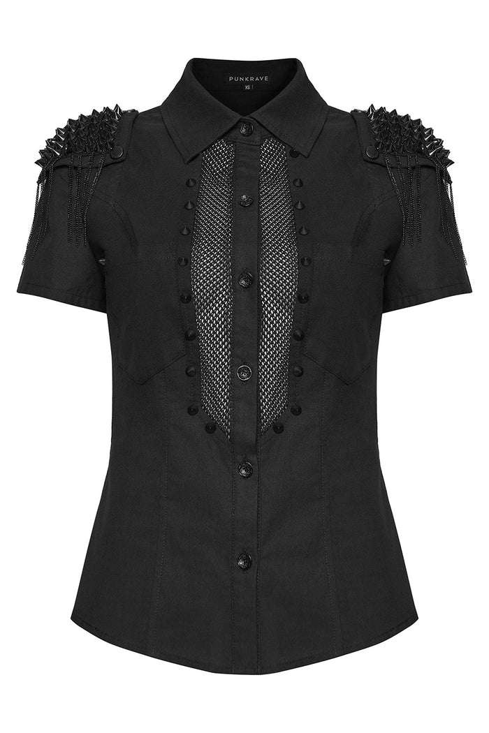 studded fishnet short sleeve shirt with epaulets