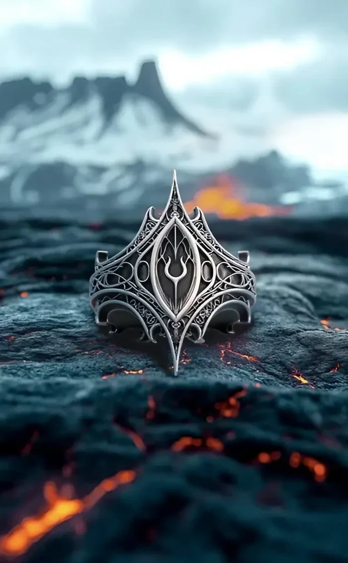 Relic Prophecy Ring — a shield-shaped rune sigil ring in oxidized 925 sterling silver, dark fantasy talisman