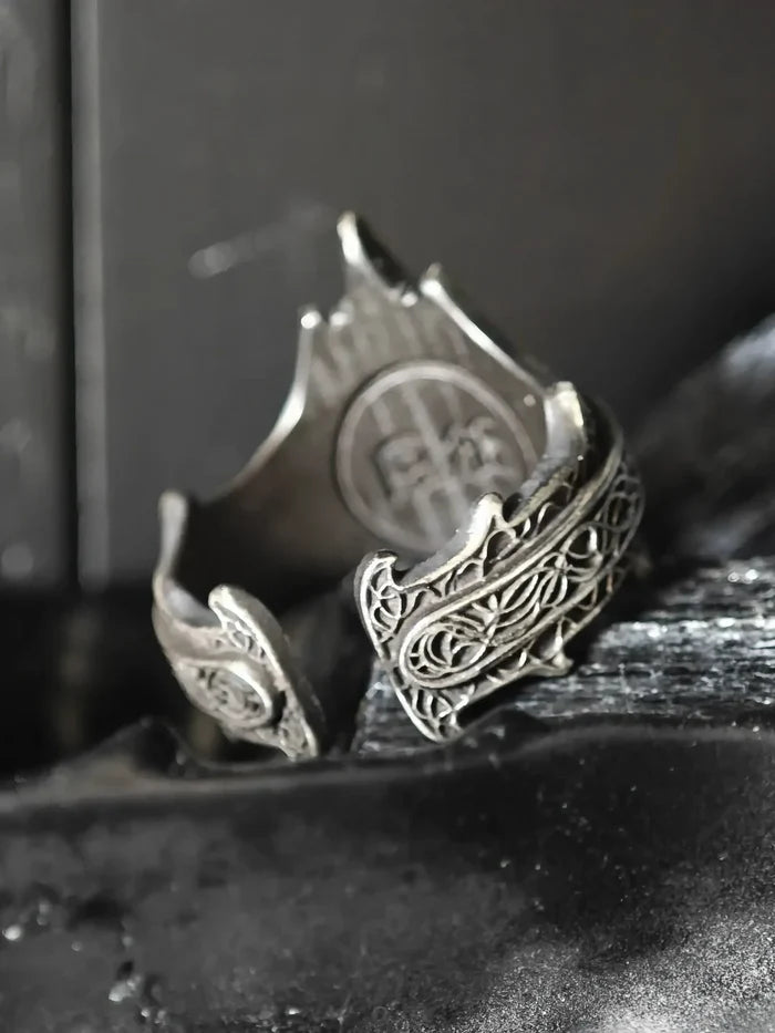 Relic Prophecy rune ring detail, tall shield band with layered tracery in oxidized sterling silver