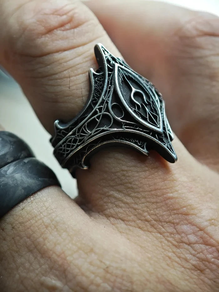 Relic Prophecy Ring, dark fantasy rune sigil statement ring in sterling silver, full view