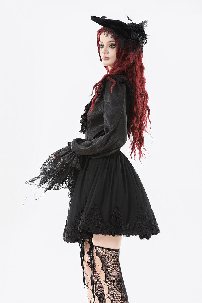 womens high waisted black embroidered skater skirt