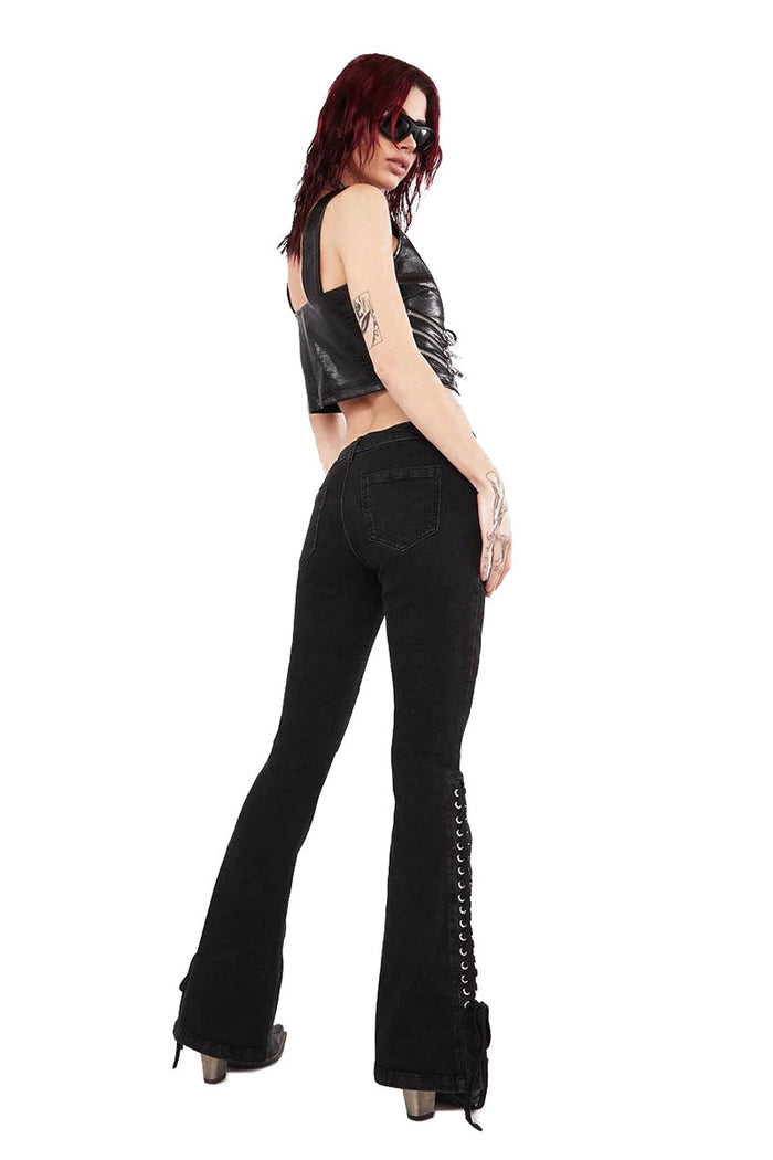 womens low-waisted corset lace-up bell bottom flared pants