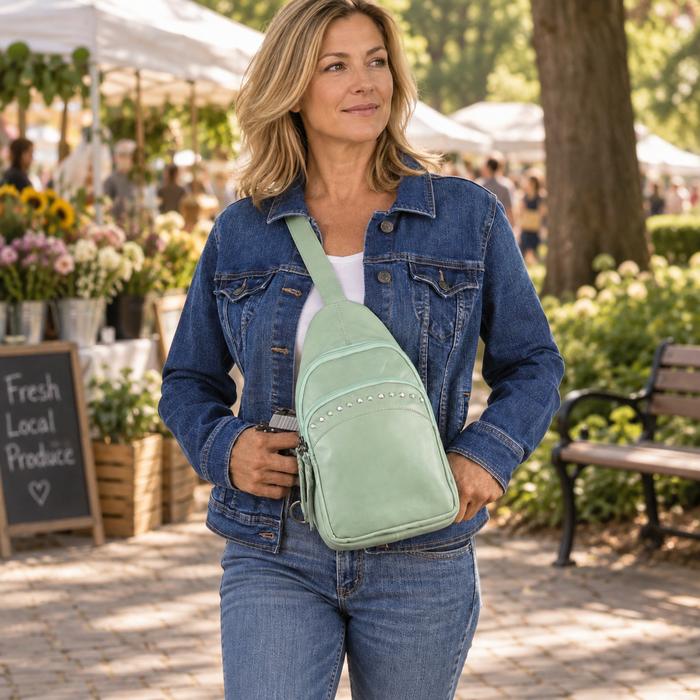 -SALE- Concealed Carry Haven Sling Leather Backpack - Mint