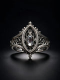 Sanctuary Window Ring, faceted oval stone in carved Gothic tracery frame, sterling silver