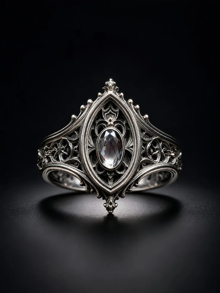 Sanctuary Window Ring, faceted oval stone in carved Gothic tracery frame, sterling silver