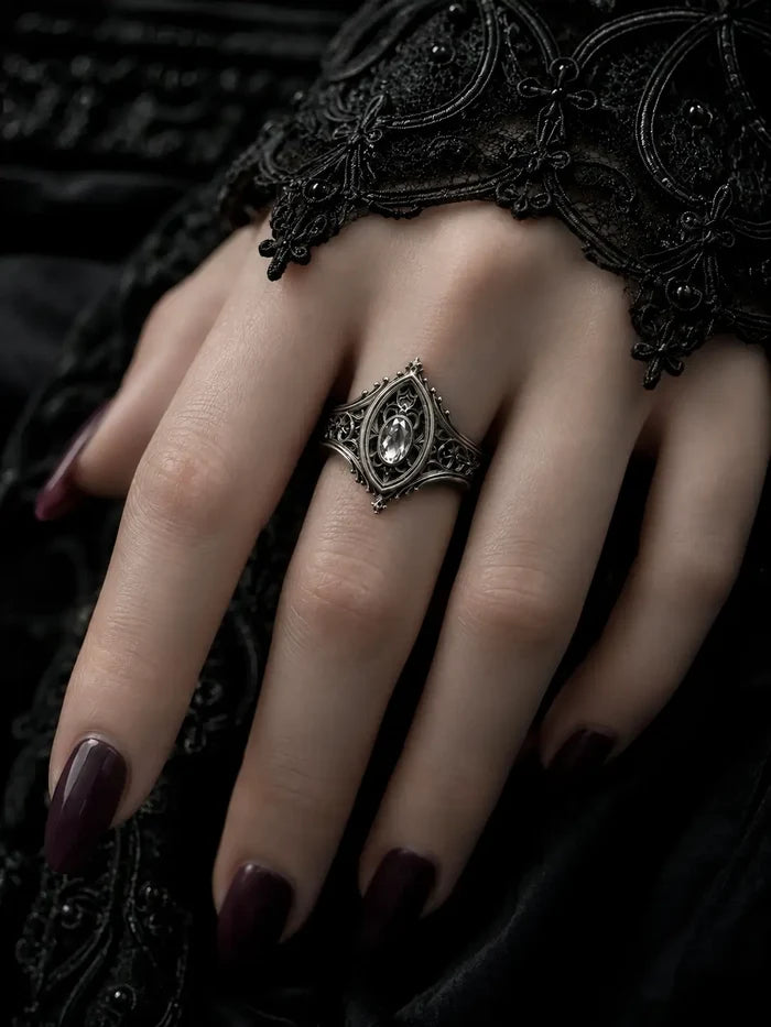 Sanctuary Window Ring worn on hand with black lace, Gothic gemstone ring