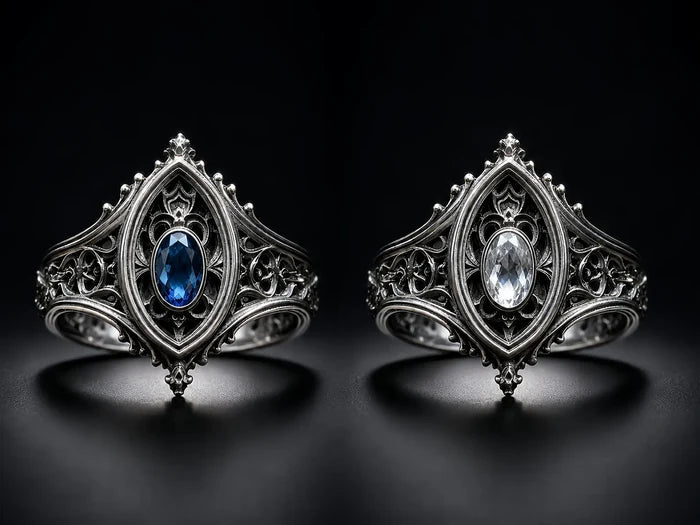 Sanctuary Window Ring in both finishes side by side, London Blue Topaz and Moissanite oval centers