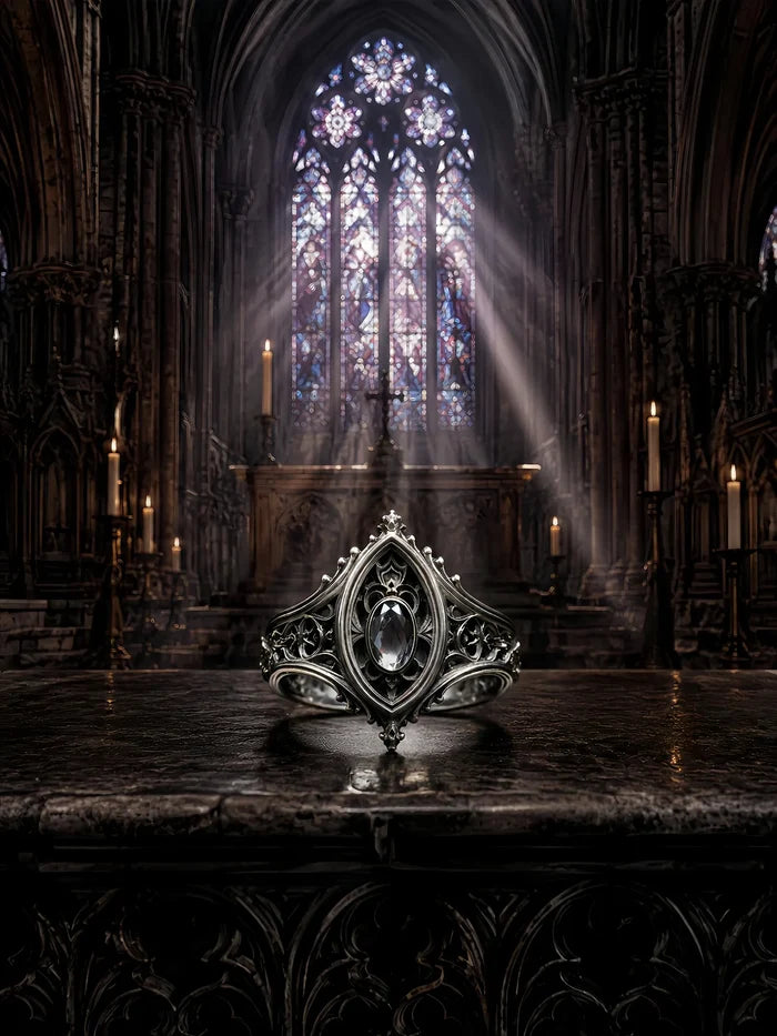 Sanctuary Window Ring styled in a cathedral setting with stained-glass light